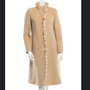 Cinzia Rocca Chinchilla-Trimmed‎ Pure Virgin Wool Long Beige Coat - Large/XL